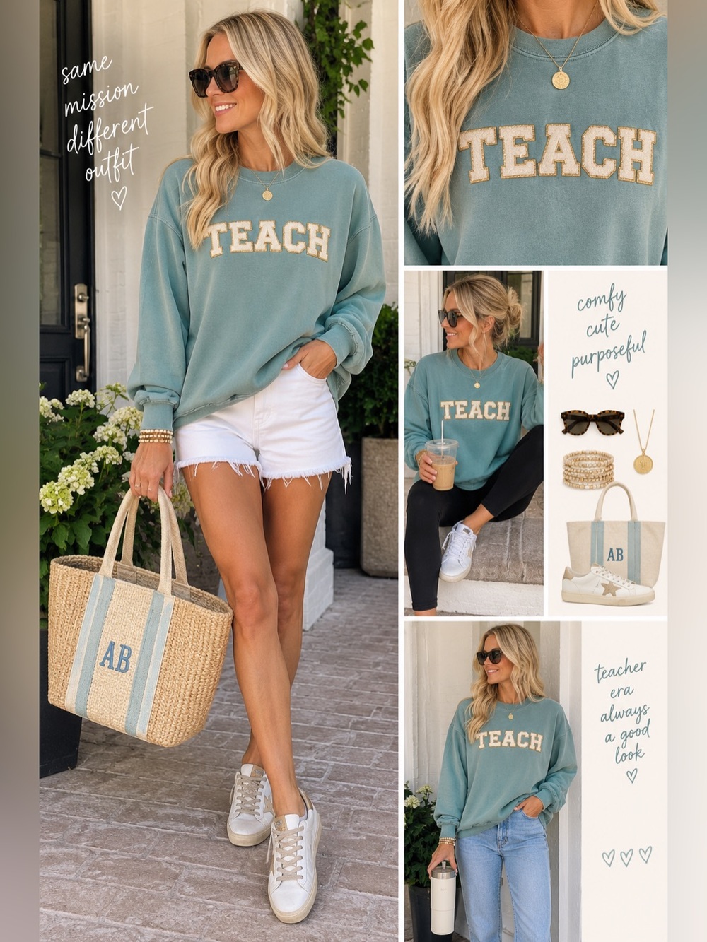Comfort Colors Teal Crewneck Sweatshirt with 'TEACH' Applique